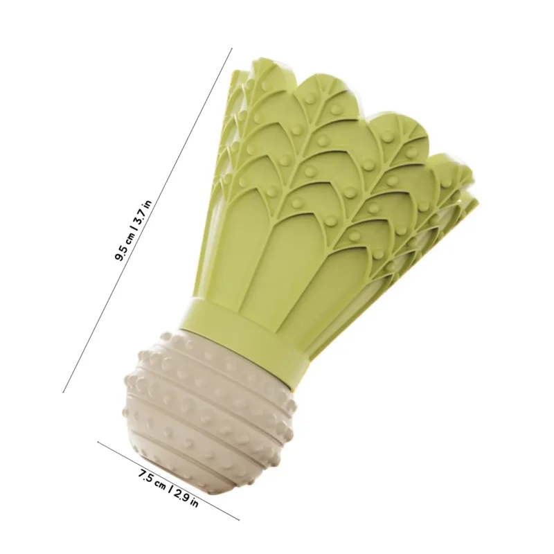 Soft Green Shuttlecock Indoor Fetch Dog Toy size chart showing a lightweight 9.5 cm toy made for tiny mouths and little paws.