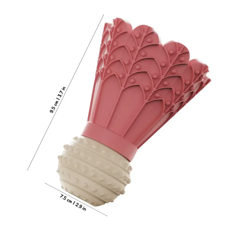 Soft Pink Shuttlecock Indoor Fetch Dog Toy size chart with textured grip details for small dogs to fetch and gently chew.