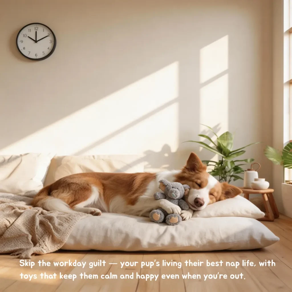 anti-anxiety dog products: peaceful border collie sleeping calmly home alone during work hours, ending pet parent leaving guilt