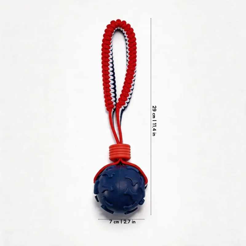 Sportloop Textured Tug Ball Dog Toy Navy Bone Embossed Navy Bone Embossed SportLoop Textured Tug Ball Dog Toy with raised bone texture ball and woven tug handle, 7 cm by 29 cm