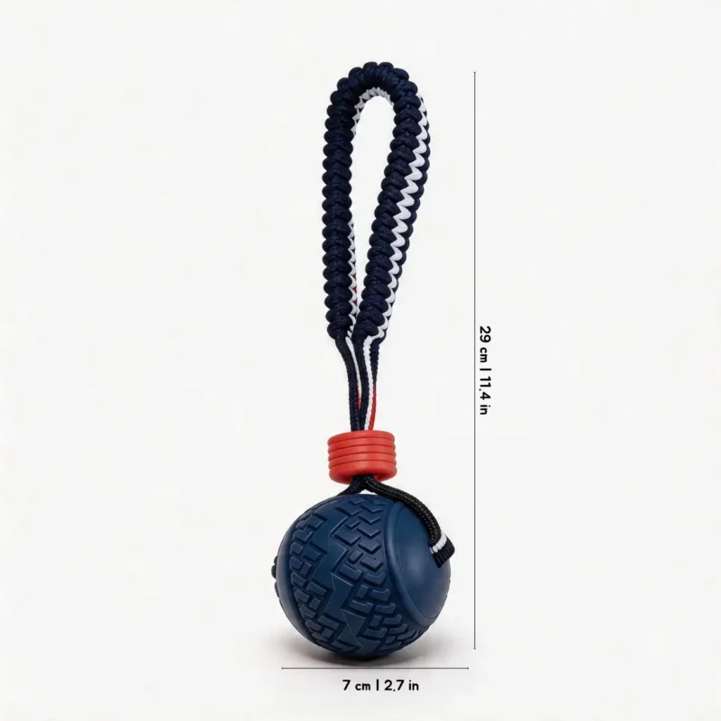 Sportloop Textured Tug Ball Dog Toy Navy Tire Tread Navy Tire Tread SportLoop Textured Tug Ball Dog Toy with grippy rubber ball and navy woven tug loop, 7 cm by 29 cm
