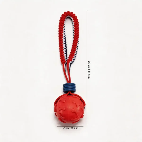 Red Bone Embossed SportLoop Textured Tug Ball Dog Toy with raised bone pattern rubber ball and bungee rope handle, 7 cm by 29 cm