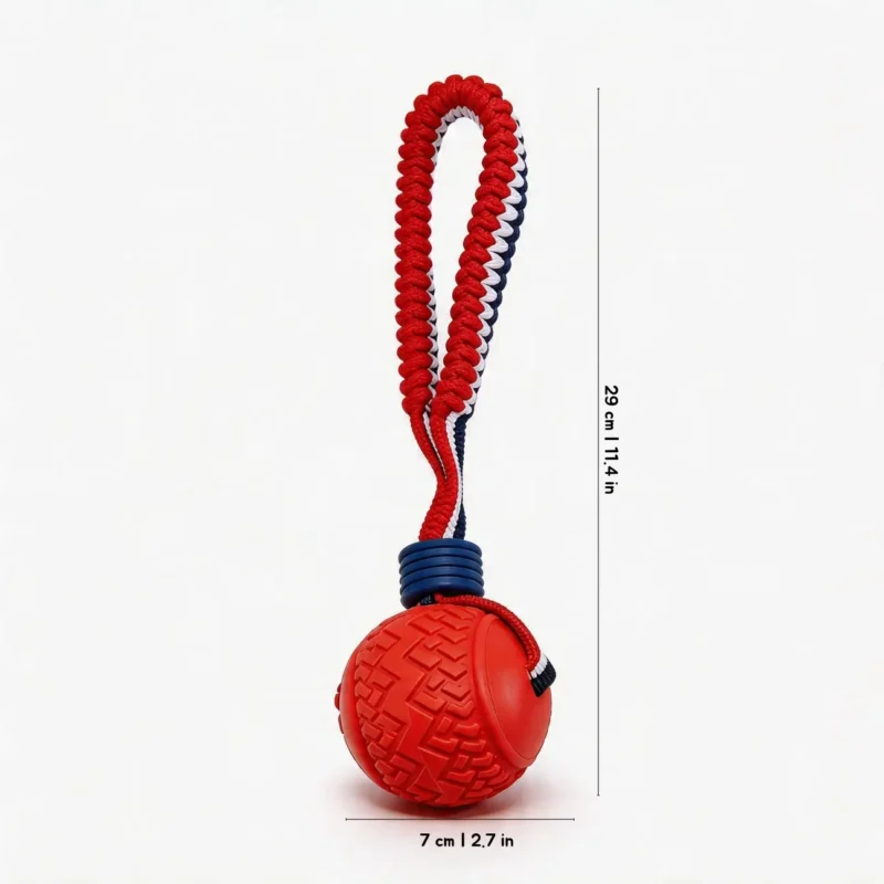 Sportloop Textured Tug Ball Dog Toy Red Tire Tread Red Tire Tread SportLoop Textured Tug Ball Dog Toy with rubber tire texture ball and red bungee tug handle, 7 cm by 29 cm