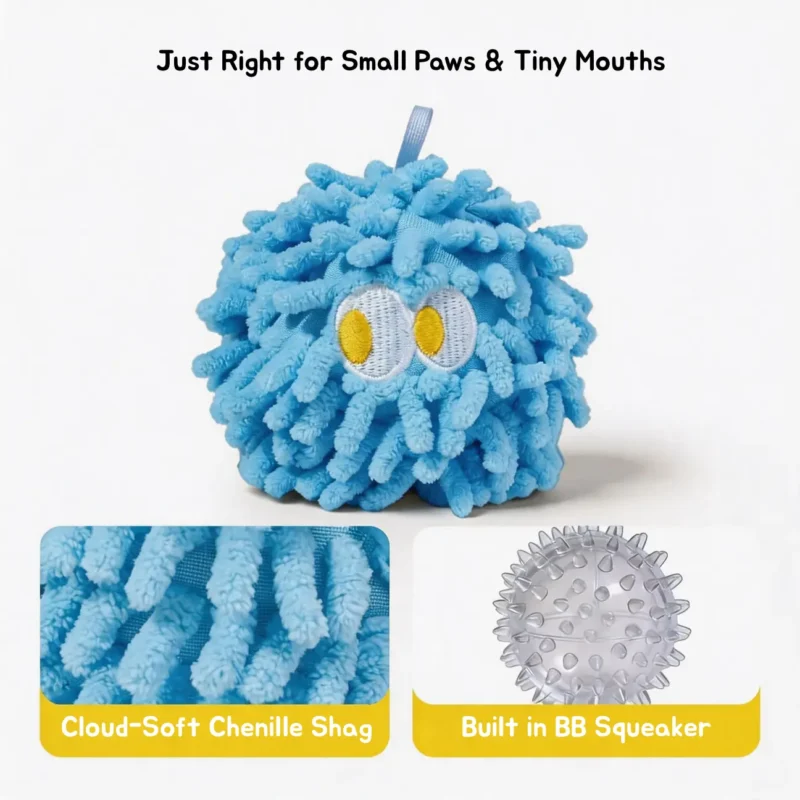 Starry Blue MopPuff dog toy with cloud-soft chenille shag texture and built-in BB squeaker.