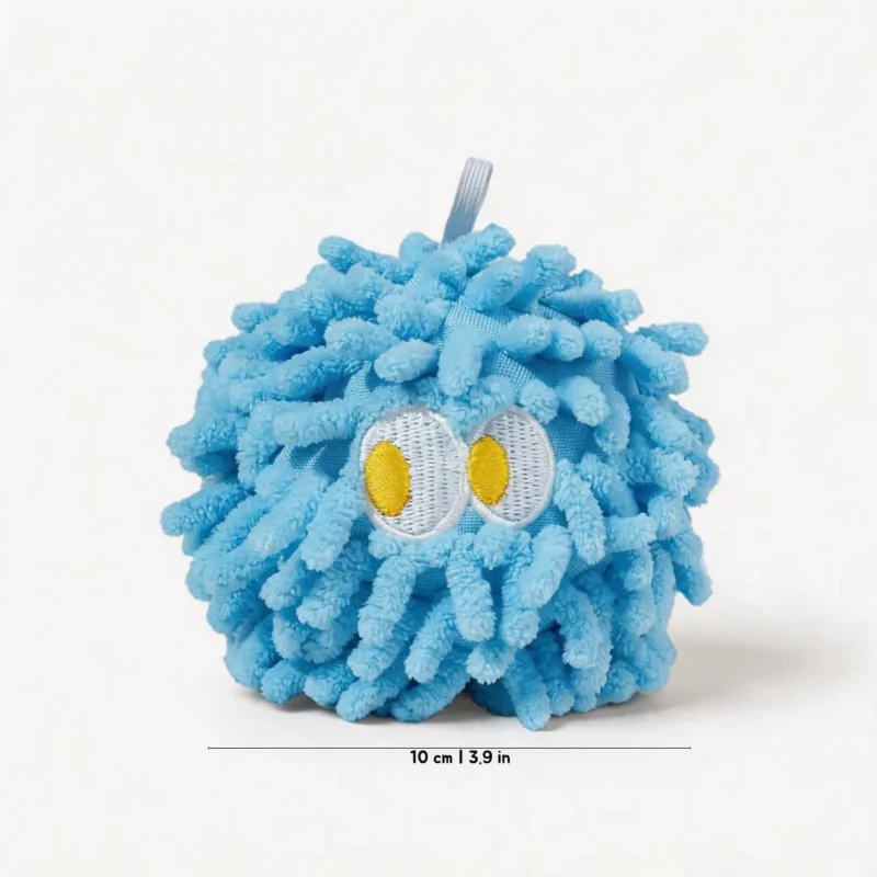 Starry Blue MopPuff Fuzzy Mood Monsters Squeaky Dog Toy, 10 cm soft chenille toy for small dogs.