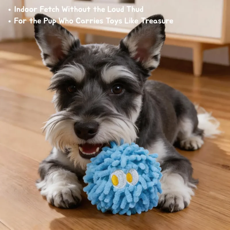 Starry Blue MopPuff Fuzzy Mood Monsters Squeaky Dog Toy for small dogs playing indoor fetch.