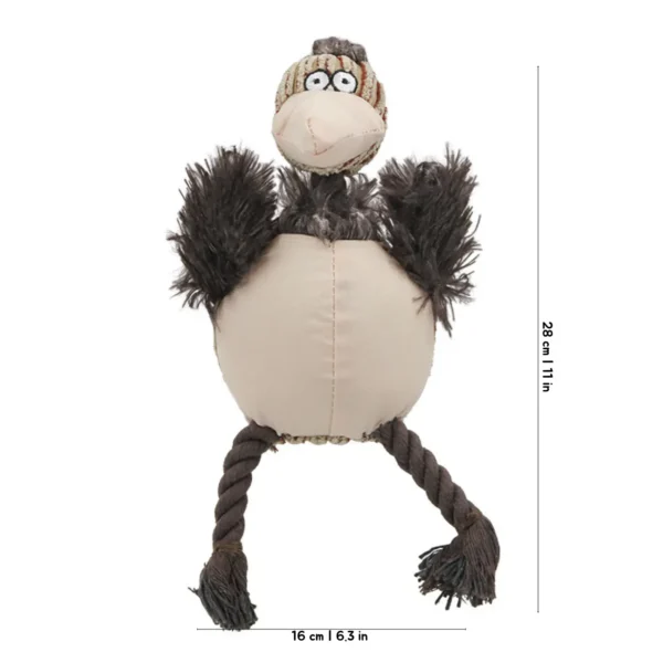 Vanilla Wobbly Ostrich Squeaky Dog Toy with a cream plush belly, fluffy brown wings, rope legs, and a 28 cm / 11 in size guide.