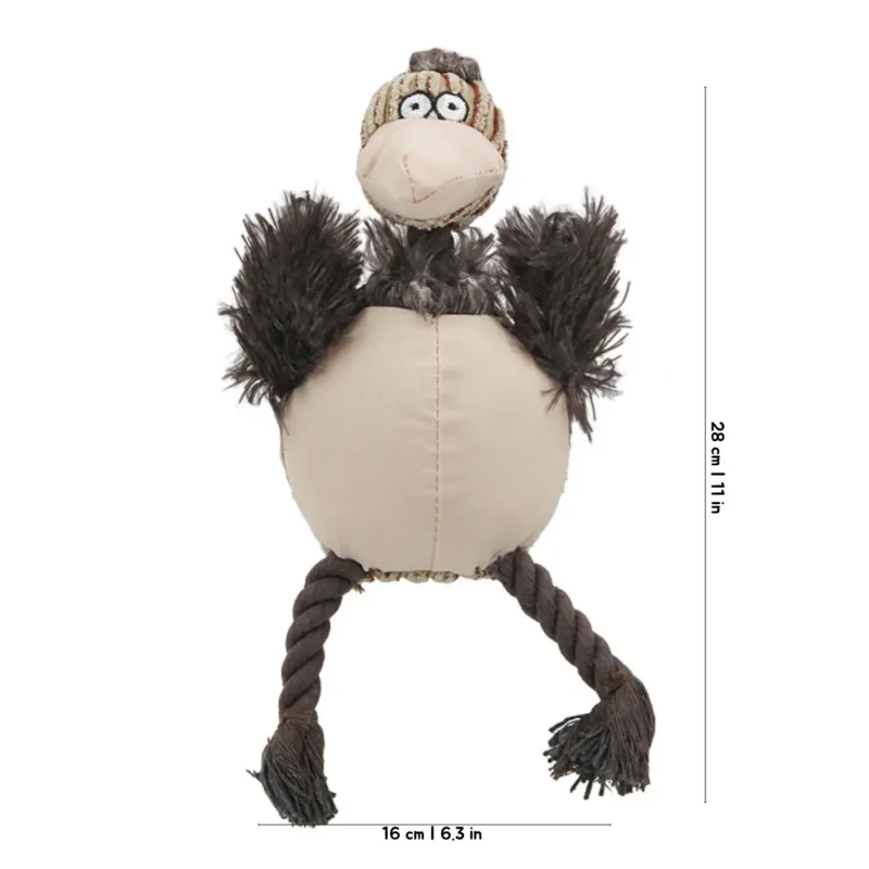 Vanilla Wobbly Ostrich Squeaky Dog Toy with a cream plush belly, fluffy brown wings, rope legs, and a 28 cm / 11 in size guide.