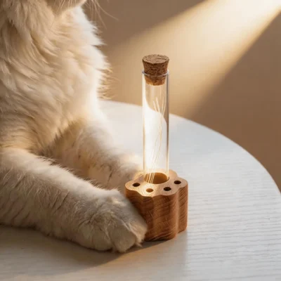 WhiskerPaw Keeper glass tube with collected cat whiskers sitting in a natural wooden paw base next to a fluffy white cat in warm sunlight, aesthetic pet memorial keepsake
