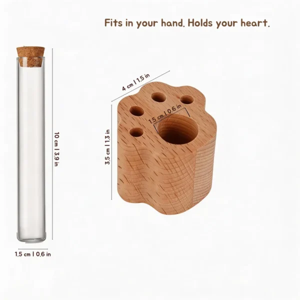 WhiskerPaw Keeper cat whisker memorial bottle with wooden paw base - detailed dimensions 10cm height, 1.5cm diameter tube size specifications
