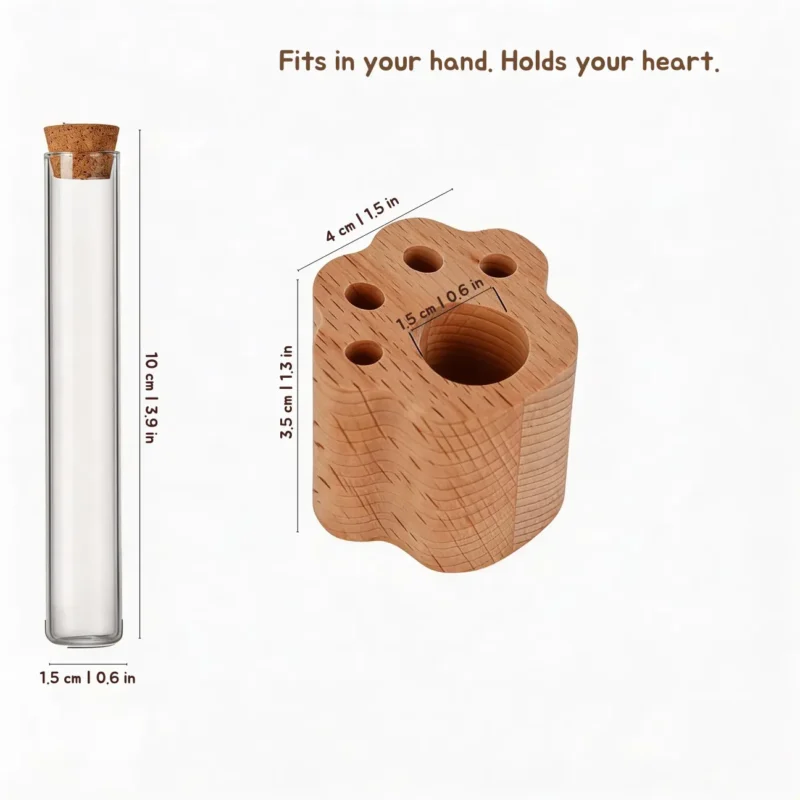 WhiskerPaw Keeper Dimensions Specifications WhiskerPaw Keeper cat whisker memorial bottle with wooden paw base - detailed dimensions 10cm height, 1.5cm diameter tube size specifications