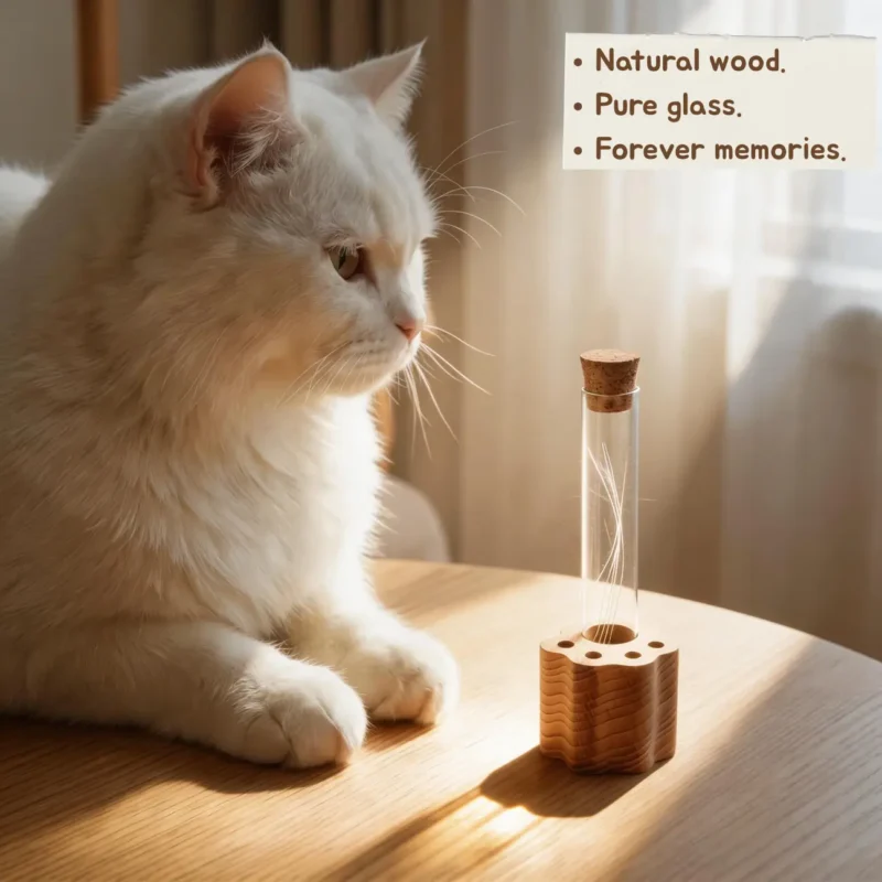 WhiskerPaw Keeper Uses Whiskers Fur Memorial Keepsakes White cat beside WhiskerPaw Keeper displaying collected whiskers in glass tube with natural wood paw base - emotional pet memorial keepsake