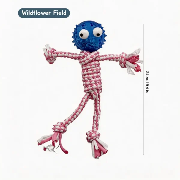 Pink Scarecrow Rope Tug Dog Toy with blue textured rubber head, braided rope body, and playful knotted arms and legs