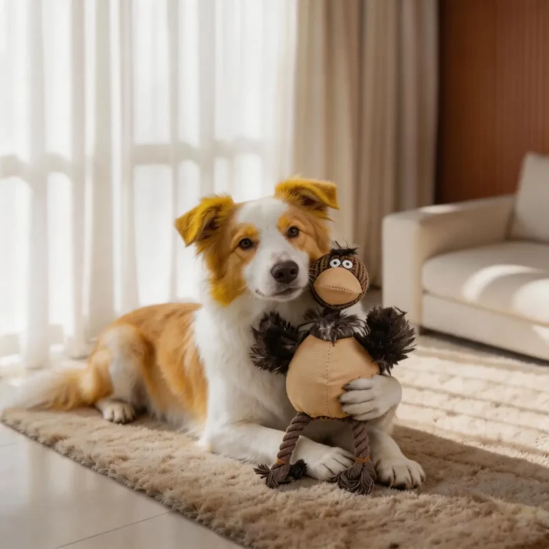 Dog cuddling the Honey Wobbly Ostrich Squeaky Dog Toy during cozy indoor play