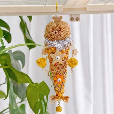 Yellow Sundae Shred Cone Foraging and Chew Toy Dimensions Yellow Sundae Shred Cone Foraging and Chew Toy for small to medium parrots with rattan cone, paper shred, wood stars, vine balls, and bell