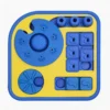Top view of the blue and yellow 4-in-1 Dog Enrichment Puzzle & Slow Feeder with sliding tiles, knobs, treat wells, and spinning discs.