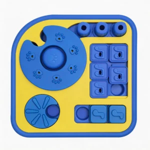 4-in-1 Dog Enrichment Puzzle Slow Feeder Top view of the blue and yellow 4-in-1 Dog Enrichment Puzzle & Slow Feeder with sliding tiles, knobs, treat wells, and spinning discs.