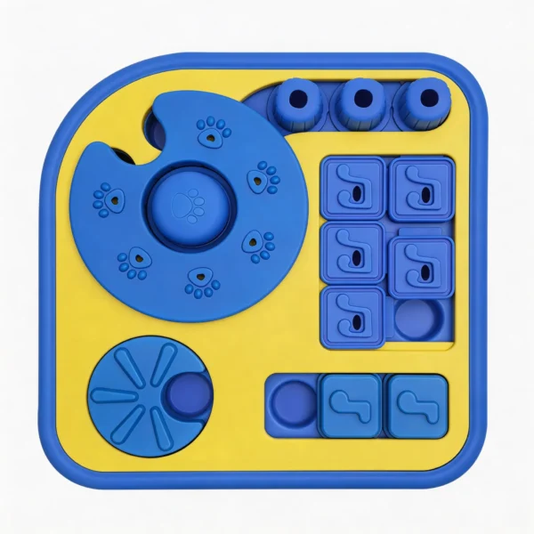 Top view of the blue and yellow 4-in-1 Dog Enrichment Puzzle & Slow Feeder with sliding tiles, knobs, treat wells, and spinning discs.