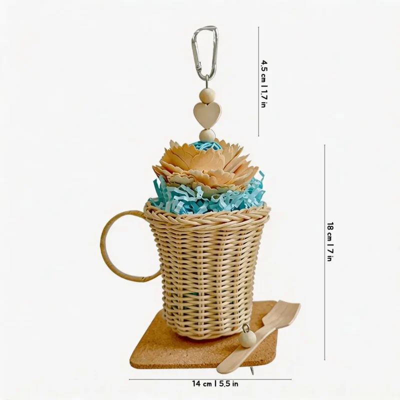 Blue Afternoon Tea Foraging Bird Toy with rattan cup, soft cork flower, vine ball and paper strips for birds