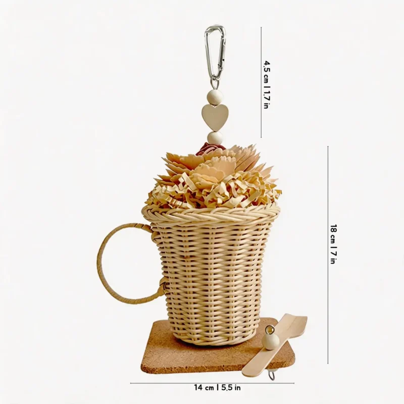 Brown Afternoon Tea Foraging Bird Toy with natural rattan, cork, wood slices and shreddable paper for parrots