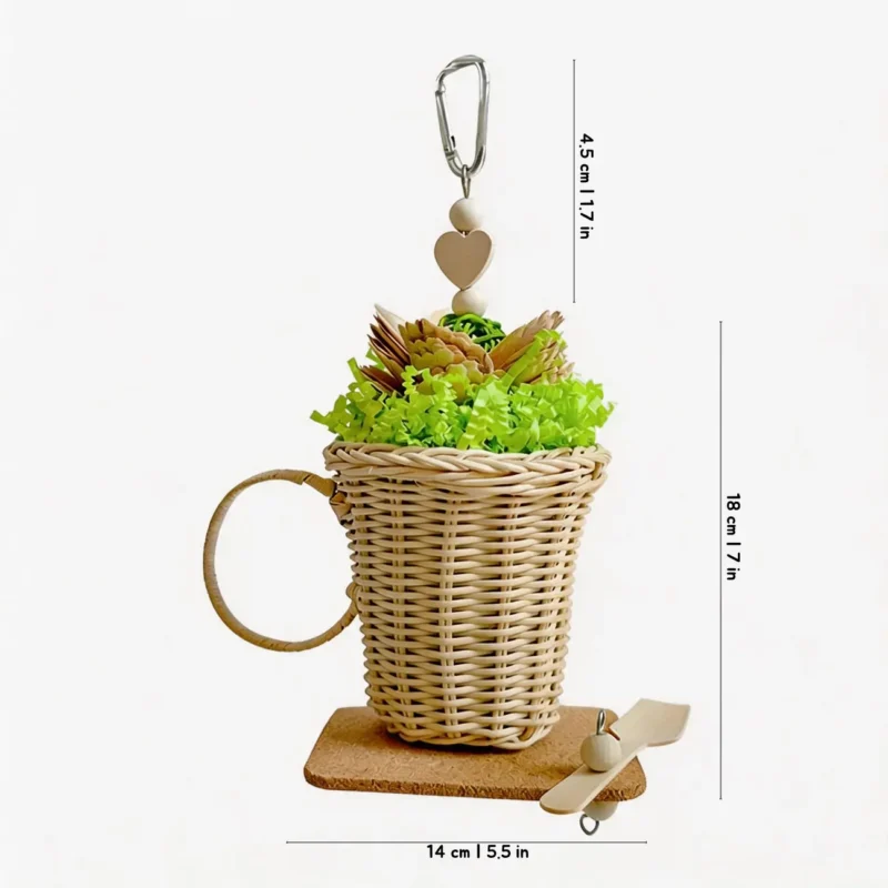 Green Afternoon Tea Foraging Bird Toy for bird cage enrichment, natural chewing, shredding and treat hiding