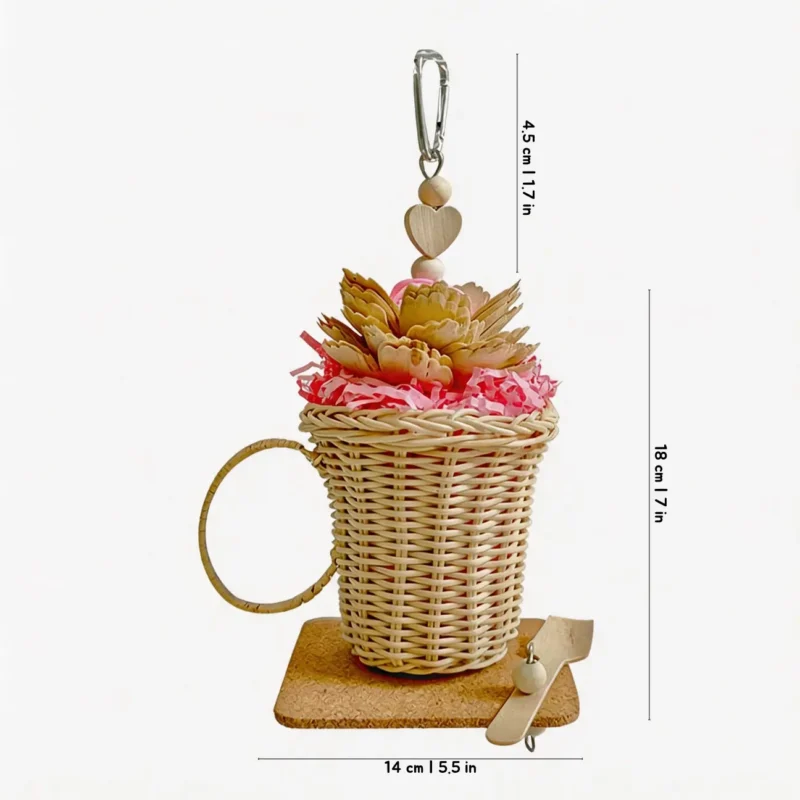 Pink Afternoon Tea Foraging Bird Toy with soft cork, vine ball, rattan cup and paper strips for small birds
