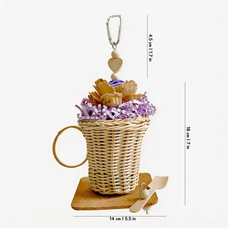 Purple Afternoon Tea Foraging Bird Toy with crinkle paper, soft cork and chewable wood pieces for small parrots