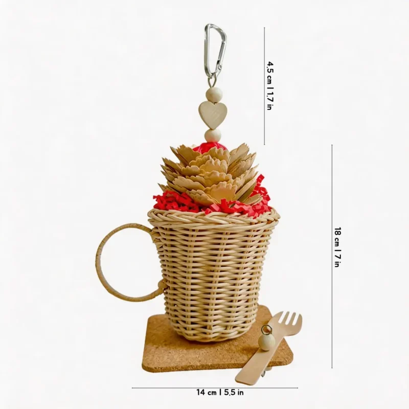 Red Afternoon Tea Foraging Bird Toy with rattan cup, soft cork, wood pieces and crinkle paper for small parrots