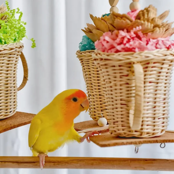 Small parrots exploring the Afternoon Tea Foraging Bird Toy for chewing, shredding and daily cage enrichment