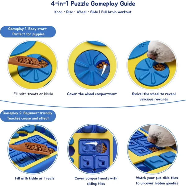 Beginner gameplay guide for the 4-in-1 Dog Enrichment Puzzle & Slow Feeder with wheel and sliding treat tiles