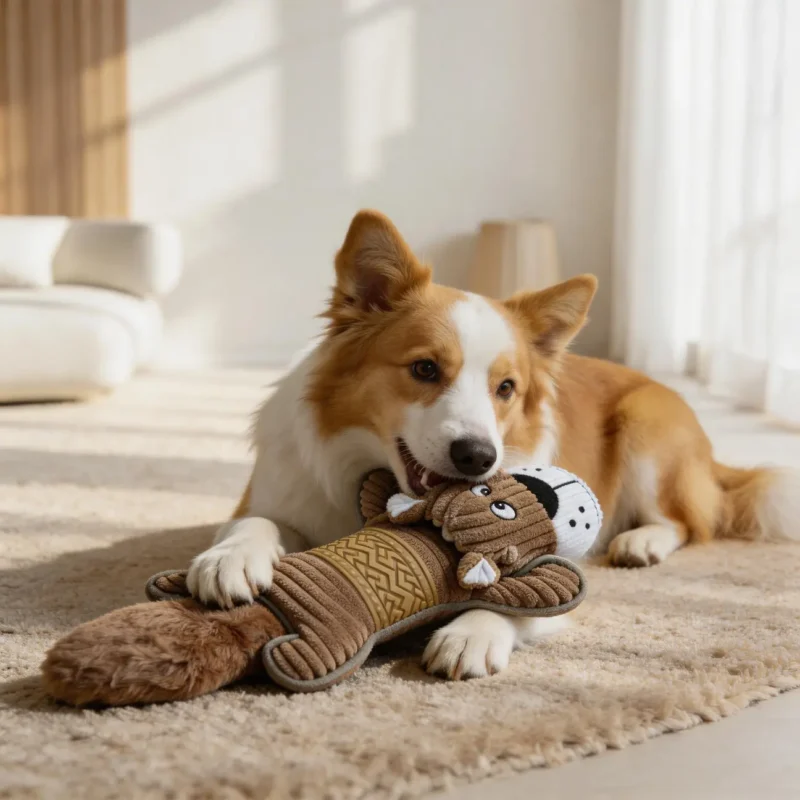 Bellybuddy Floppy Plush Chew Dog Toy Bouncy Hound Dog Chewing A dog chews the Bouncy Hound BellyBuddy Floppy Plush Chew Dog Toy at home, holding the soft plush body and textured chew belly.