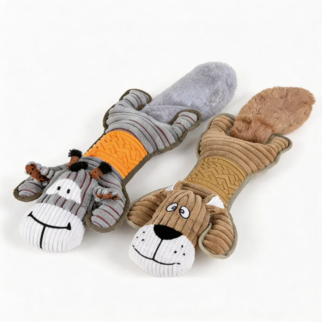 BellyBuddy Floppy Plush Chew Dog Toy in Bouncy Hound and Mighty Donkey with raised rubber chew bellies and soft plush tails.