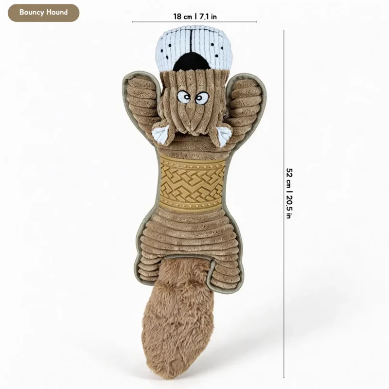 Bellybuddy Floppy Plush Chew Dog Toy Bouncy Hound Size BellyBuddy Floppy Plush Chew Dog Toy in Mighty Donkey, 52 cm long plush chew toy with raised rubber belly and dual squeakers.