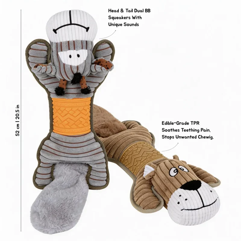 Bellybuddy Floppy Plush Chew Dog Toy Dual Squeaker Chew Belly Features BellyBuddy Floppy Plush Chew Dog Toy feature image showing head and tail squeakers with a textured TPR chew belly.