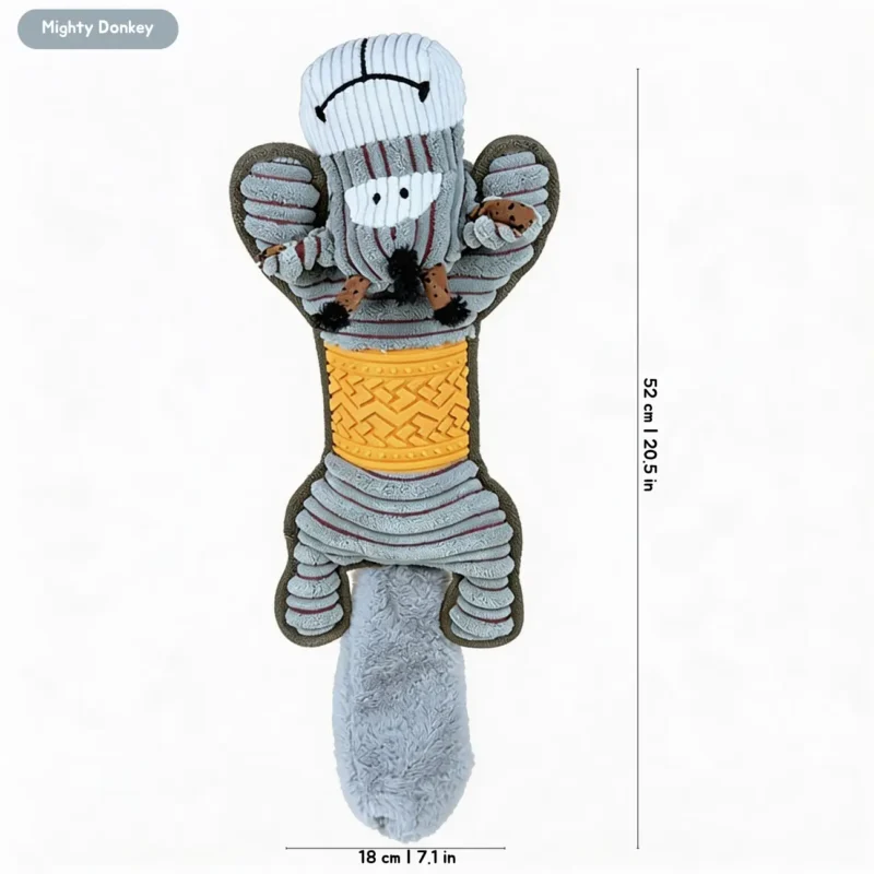 Bellybuddy Floppy Plush Chew Dog Toy Mighty Donkey Size Mighty Donkey BellyBuddy Floppy Plush Chew Dog Toy shown with an 18 cm / 7.1 in width and 52 cm / 20.5 in length size guide.