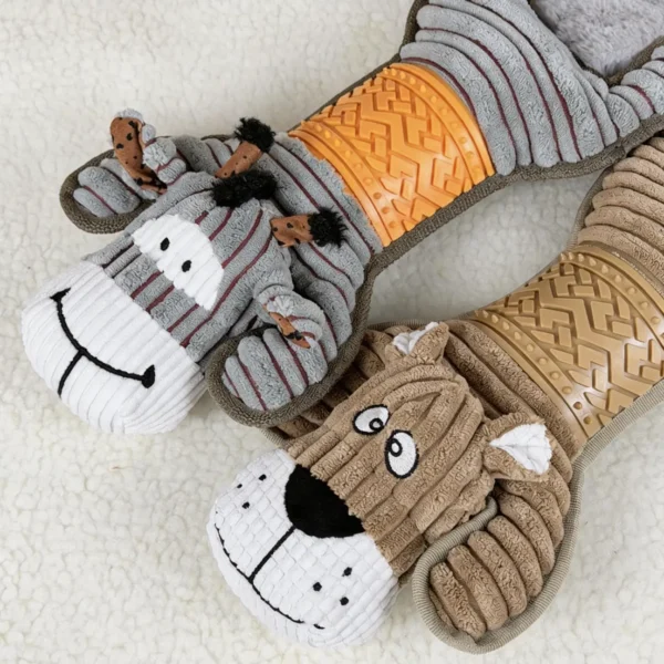 Close-up of the Bouncy Hound and Mighty Donkey BellyBuddy Floppy Plush Chew Dog Toys showing soft ribbed plush and textured chew belly details.