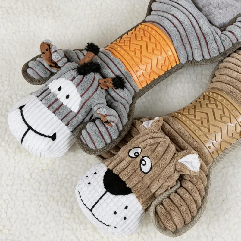 Bellybuddy Floppy Plush Chew Dog Toy Soft Plush Rubber Belly Closeup Close-up of the Bouncy Hound and Mighty Donkey BellyBuddy Floppy Plush Chew Dog Toys showing soft ribbed plush and textured chew belly details.