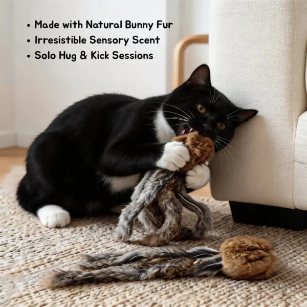 Black and white cat hugging and biting a Bunny Fur Octopus Cat Kicker Toy for scent enrichment and solo kick play.
