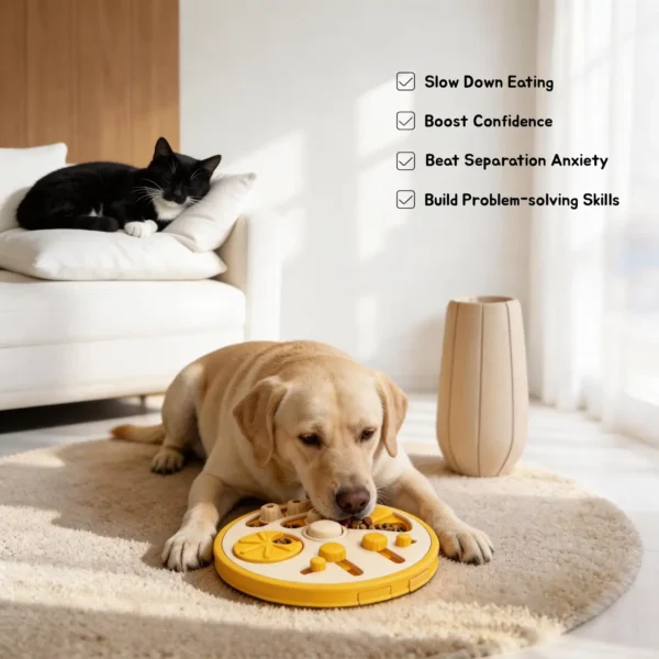 A dog uses the Busy Bites Dog Enrichment Puzzle Feeder at home to slow down eating, build confidence, and enjoy problem-solving play.