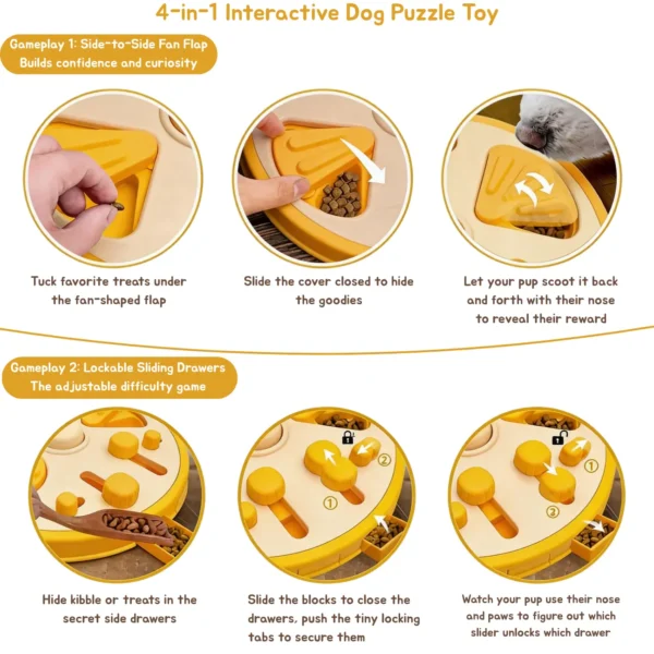 Busy Bites Dog Enrichment Puzzle Feeder showing treats hidden under a fan flap and inside sliding drawers for nose-and-paw puzzle play.