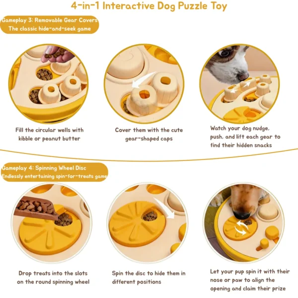 Busy Bites Dog Enrichment Puzzle Feeder with removable gear covers and a spinning treat wheel, showing different ways dogs can find hidden snacks.