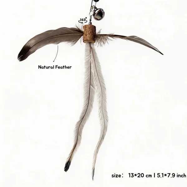 360° Windmill Spinning Silvervine Feather Cat Wand Replacement with natural brown feathers, a silver bell, and a 13 x 20 cm size guide.