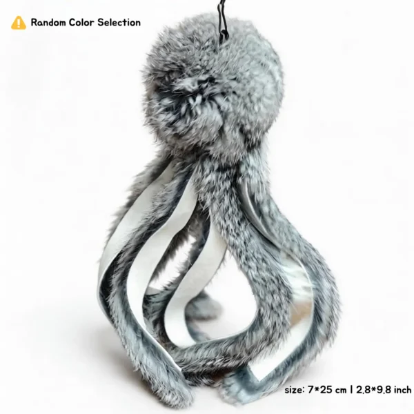 Grey Bunny Fur Octopus Cat Kicker Toy hanging upright, showing 7 x 25 cm size and long fur tentacle design.