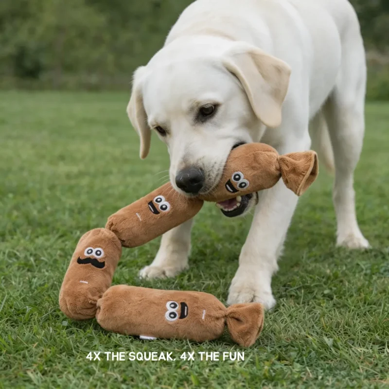 Sausage Squad 4-Squeak Plush Dog Toy Outdoor Play Sausage Squad 4-Squeak Plush Dog Toy size display, 58 x 4.5 cm soft sausage-shaped squeaky plush toy.