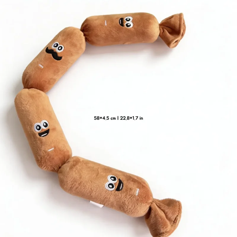 Sausage Squad 4-Squeak Plush Dog Toy Size Sausage Squad 4-Squeak Plush Dog Toy shown on a white background with a 58 cm / 22.8 in length and 4.5 cm / 1.7 in width size guide.