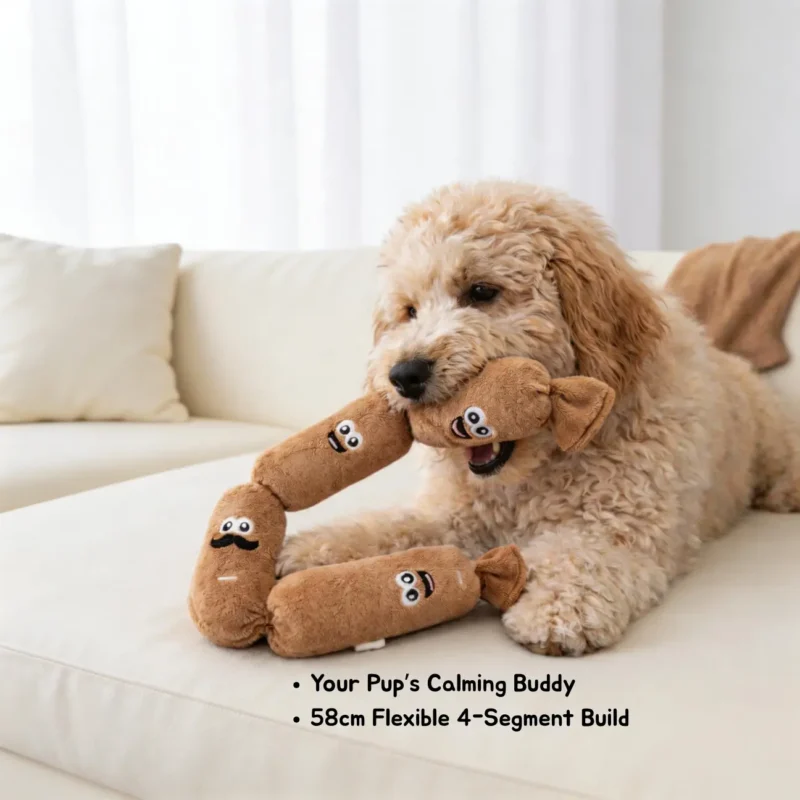Sausage Squad Plush Squeaky Dog Toy Goldendoodle A Goldendoodle cuddles and chews the Sausage Squad 4-Squeak Plush Dog Toy on a sofa, showing its soft 4-segment plush design.