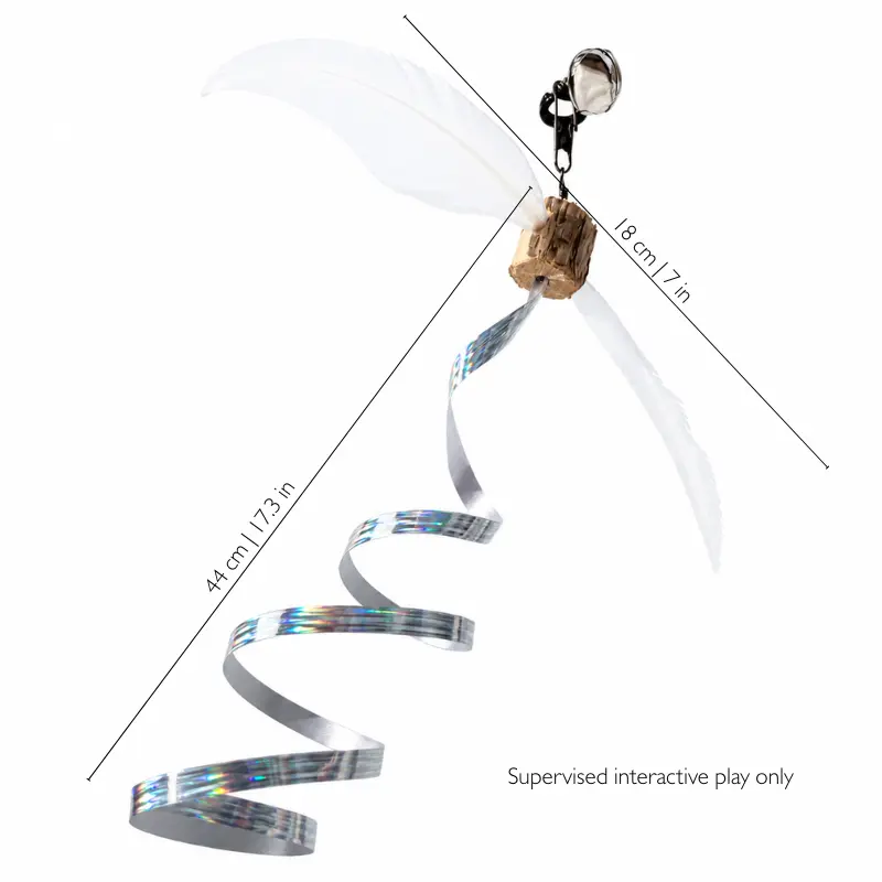 silvervine-spinning-feather-cat-toy-curled-ribbon-size White spinning feather cat toy with a silvervine body, bell, 18 cm wings and a 44 cm curled iridescent ribbon tail.