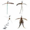 silvervine-spinning-feather-cat-toy-four-styles. Four cat wand attachments made with silvervine for cats, natural feather wings, bells, and feather or iridescent ribbon tails