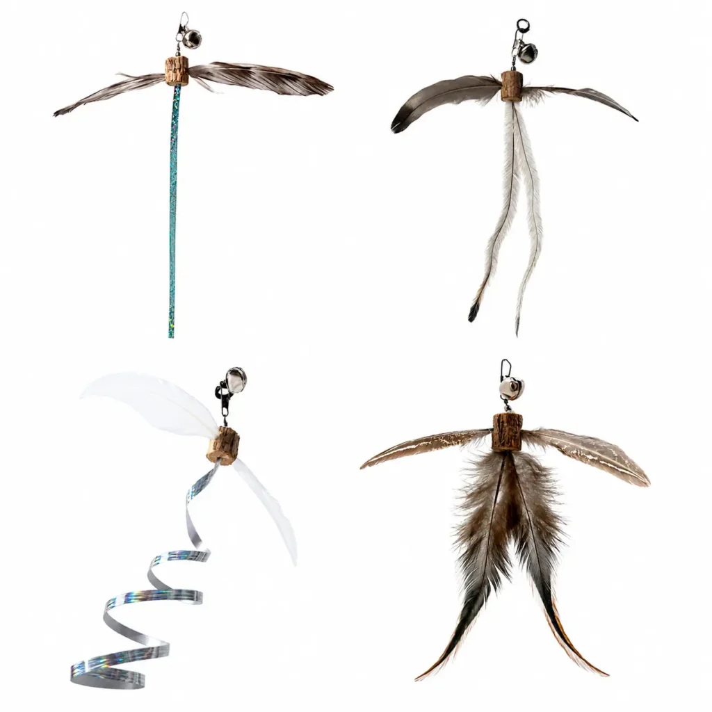 Four cat wand attachments made with silvervine for cats, natural feather wings, bells, and feather or iridescent ribbon tails