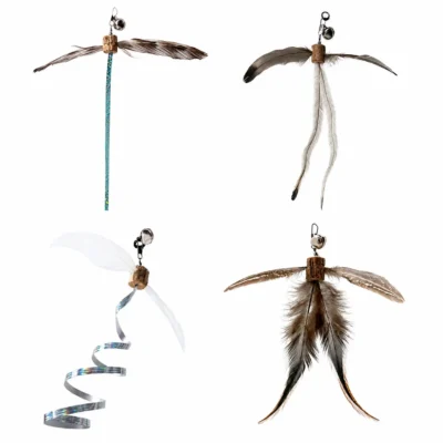 silvervine-spinning-feather-cat-toy-four-styles. Four cat wand attachments made with silvervine for cats, natural feather wings, bells, and feather or iridescent ribbon tails